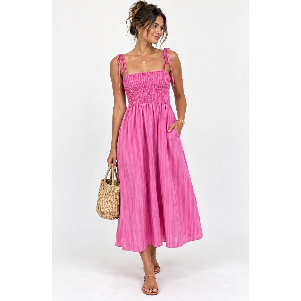 A New Day Pink Striped Smocked Midi Dress Tie Strap Cotton Sun Dress Large